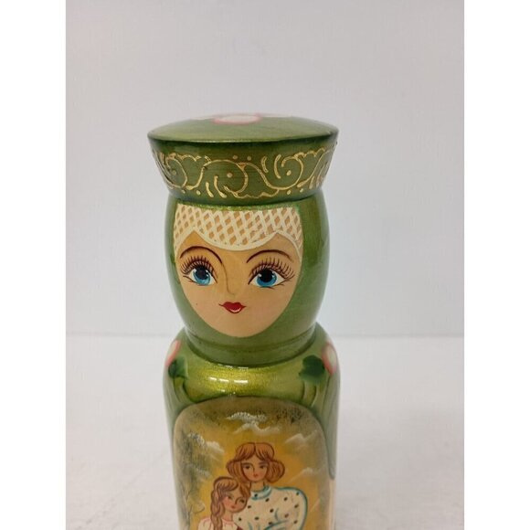 VTG 80s Russian Folk Art Matryoshka Wood Carved Nesting Doll Bottle Holder 2pc - Picture 3 of 11